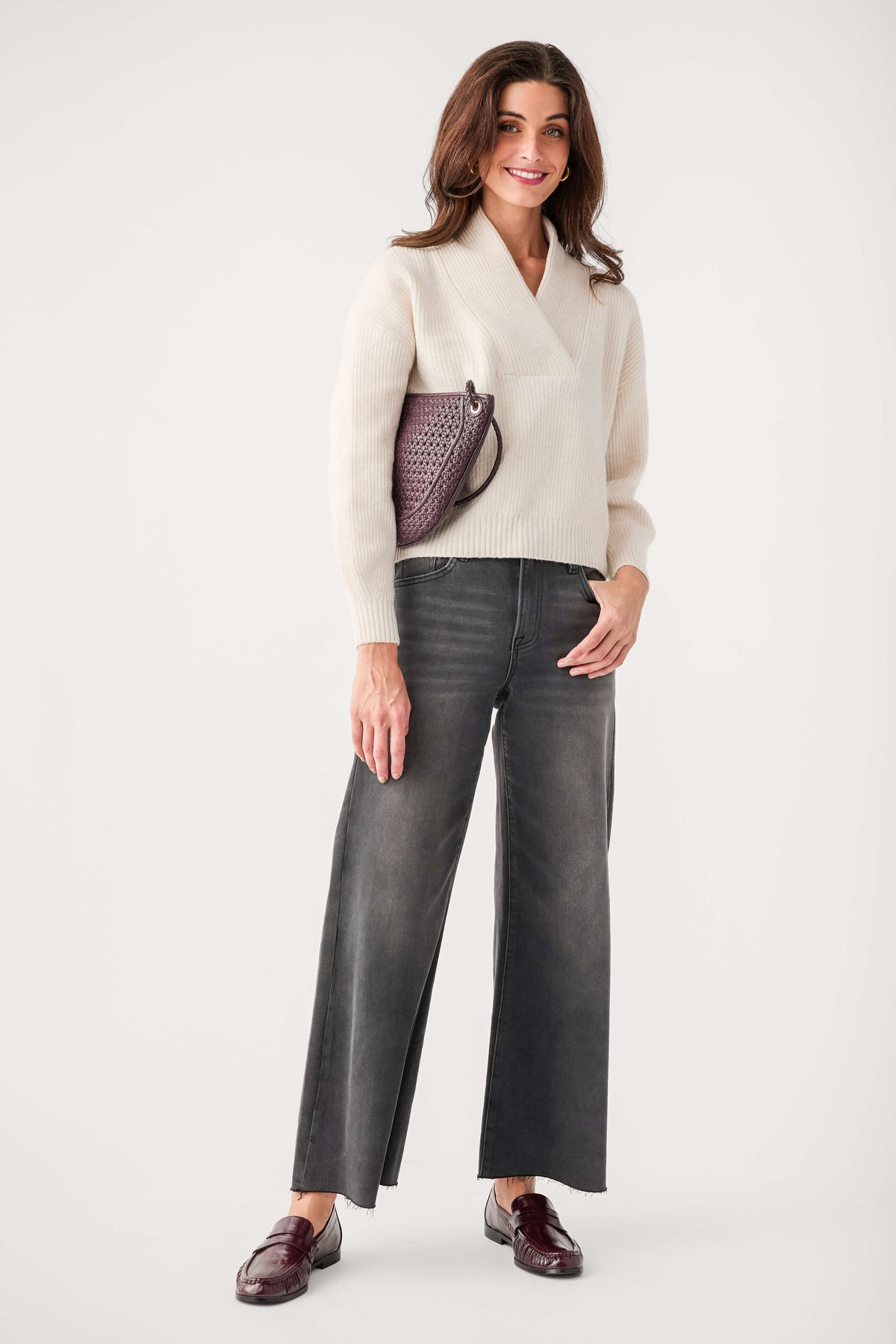 Cream shawl-collar V-neck knit sweater, ribbed cuffs and hem