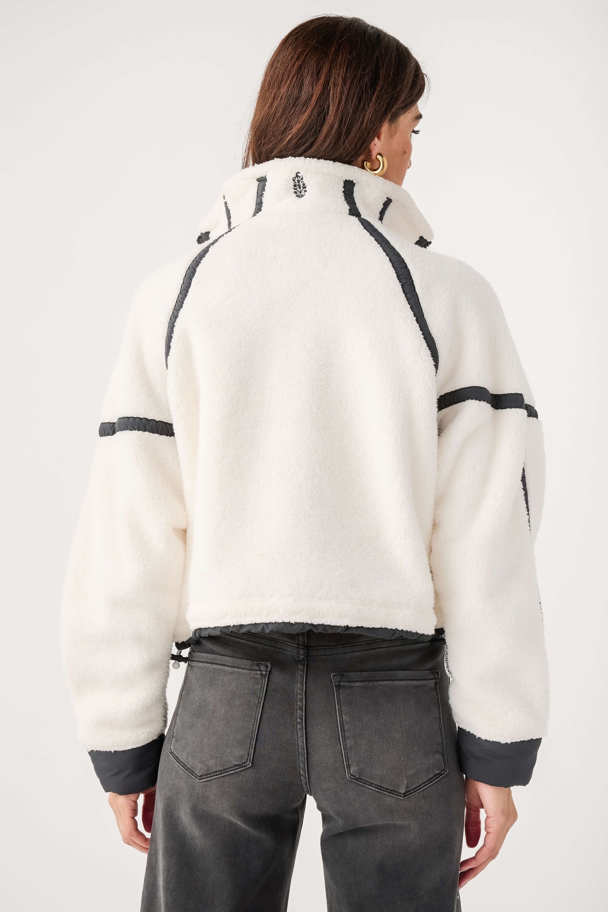 White fleece 1/2-zip pullover back with dark contrast yoke and graphic ear details