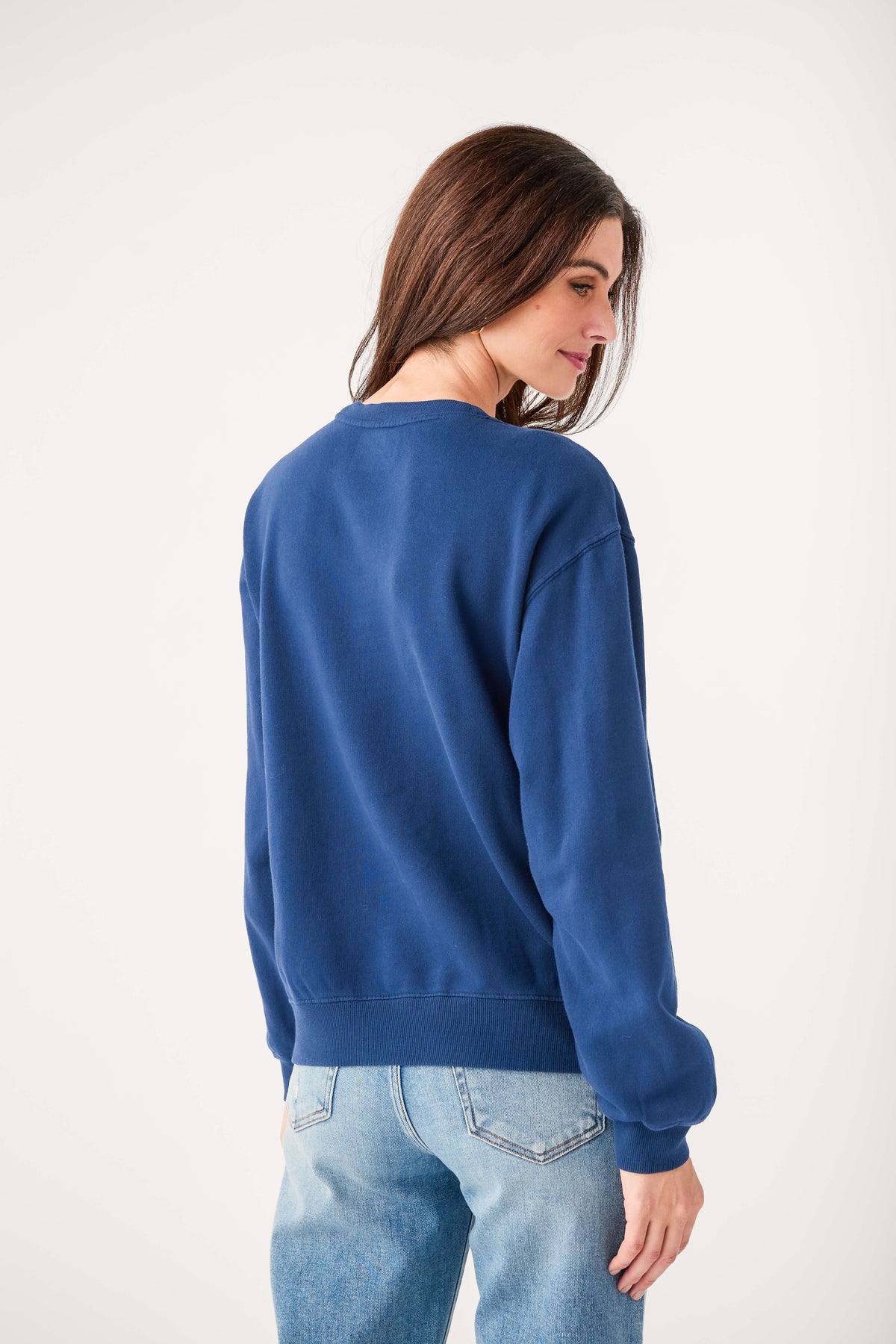 Oxford blue crewneck boyfriend sweatshirt back view with ribbed cuffs