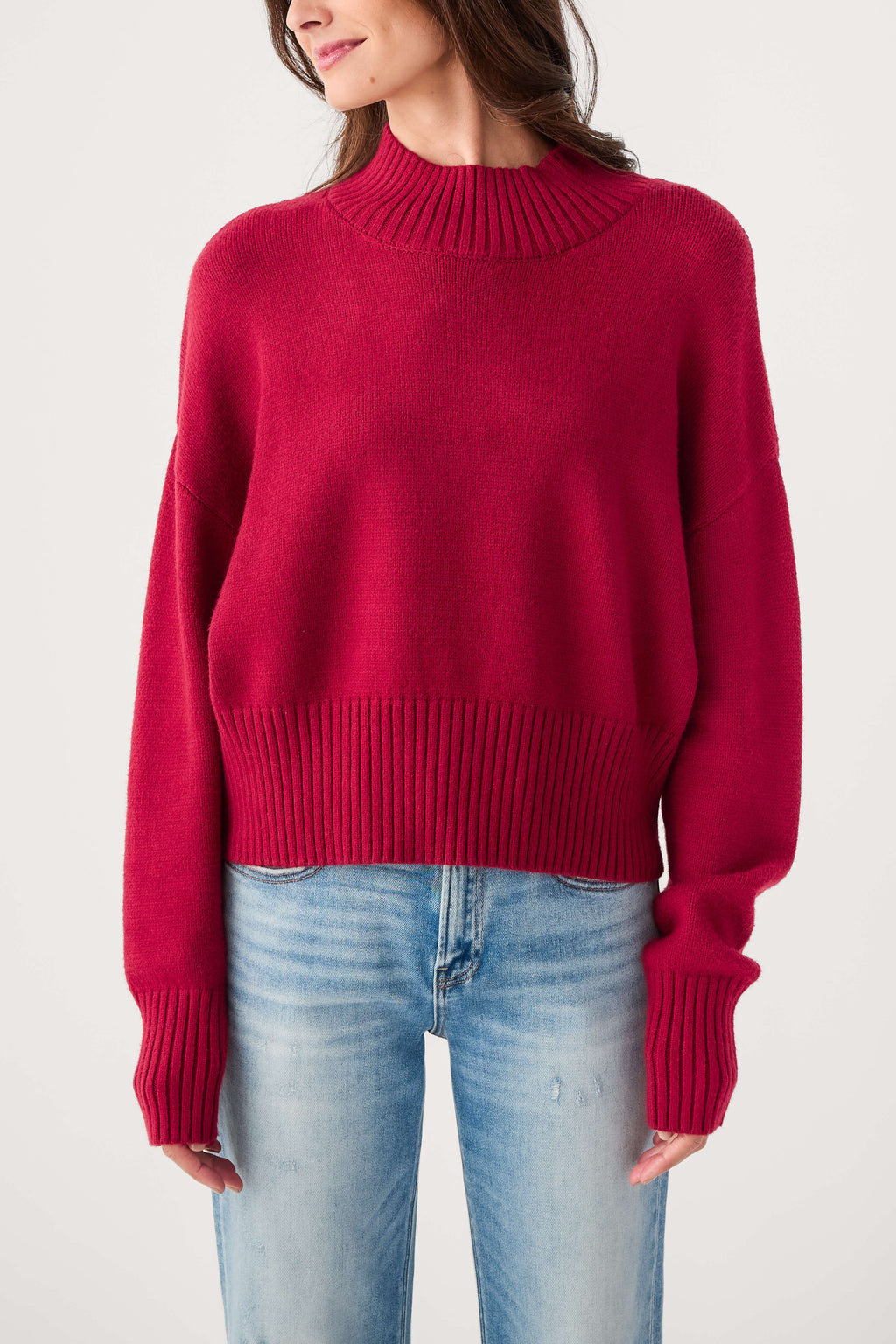 Wine mock neck knit sweater with ribbed cuffs and hemline, relaxed fit