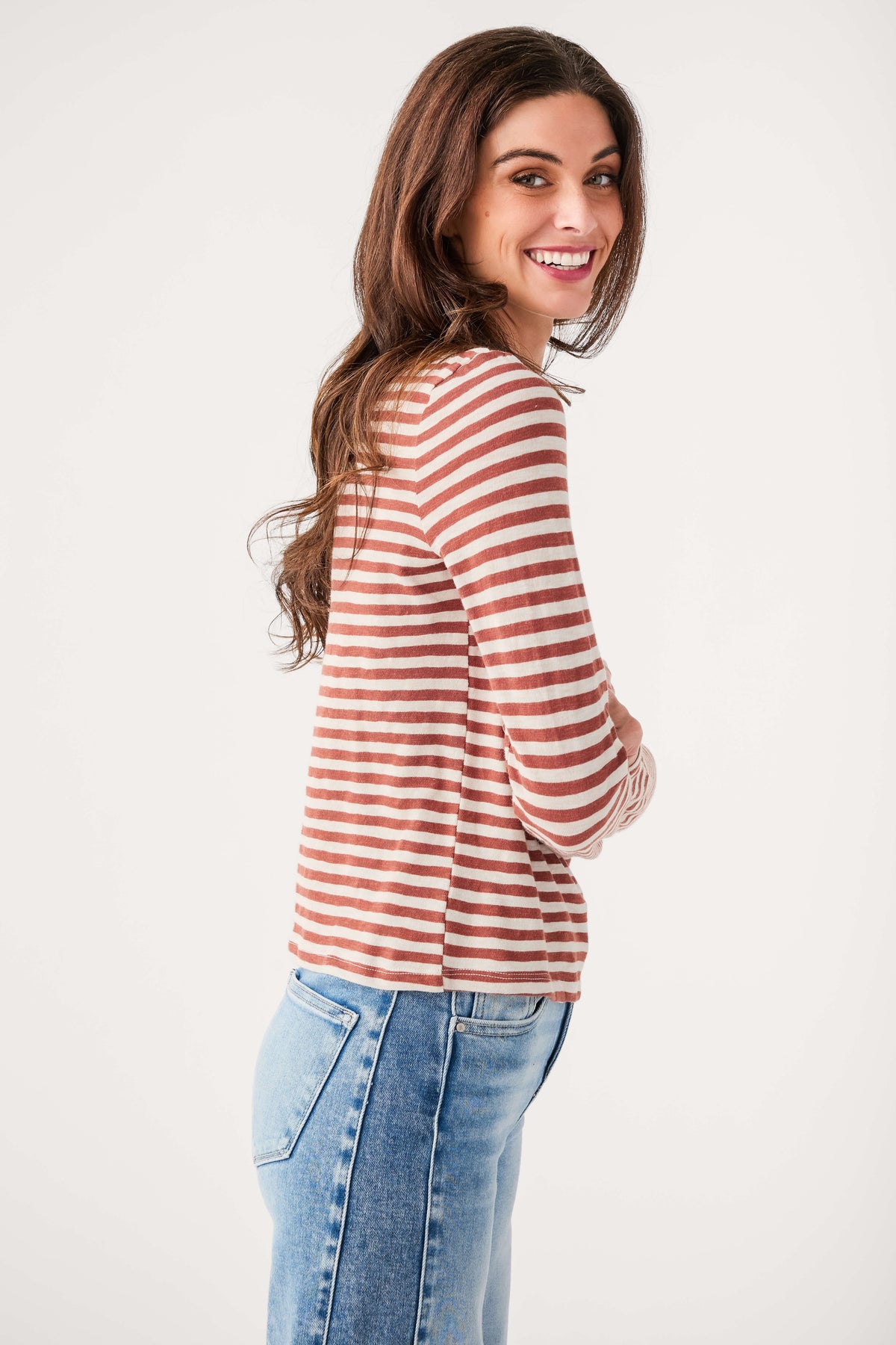 Long-sleeve striped slub tee, rust and white, side view, crew neck