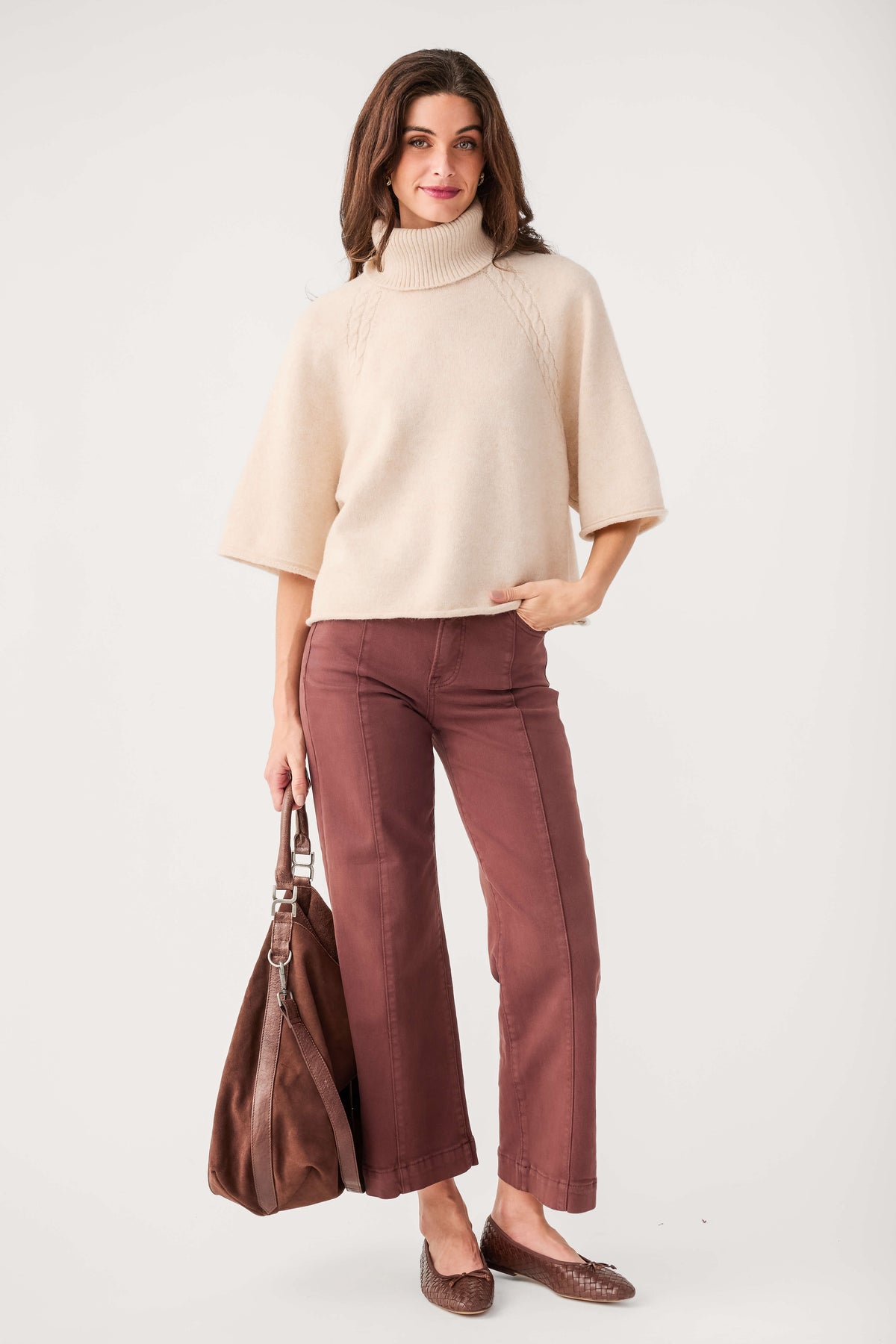 Oatmeal short-sleeve turtleneck knit sweater, relaxed fit
