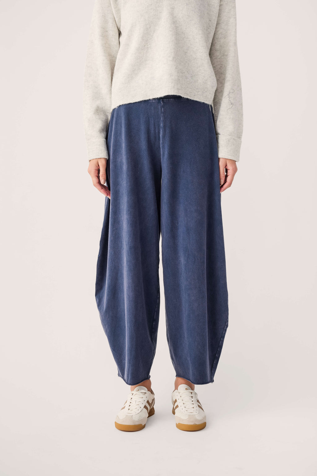 Navy wide-leg easy pants with elastic waist and back view