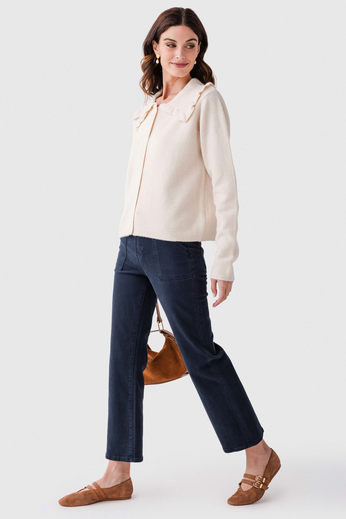 Dark navy ankle flare jeans with belt loops and five-pocket front