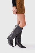 Black leather knee-high boots, angled view showing pointed toe and thin heel.