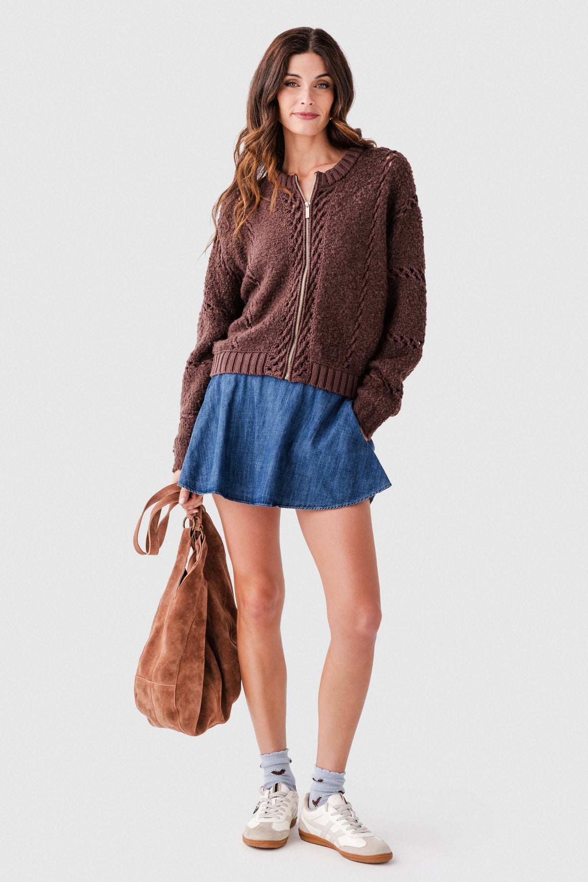 Blue denim skort with elastic waist and A-line skirt overlay, above-knee length