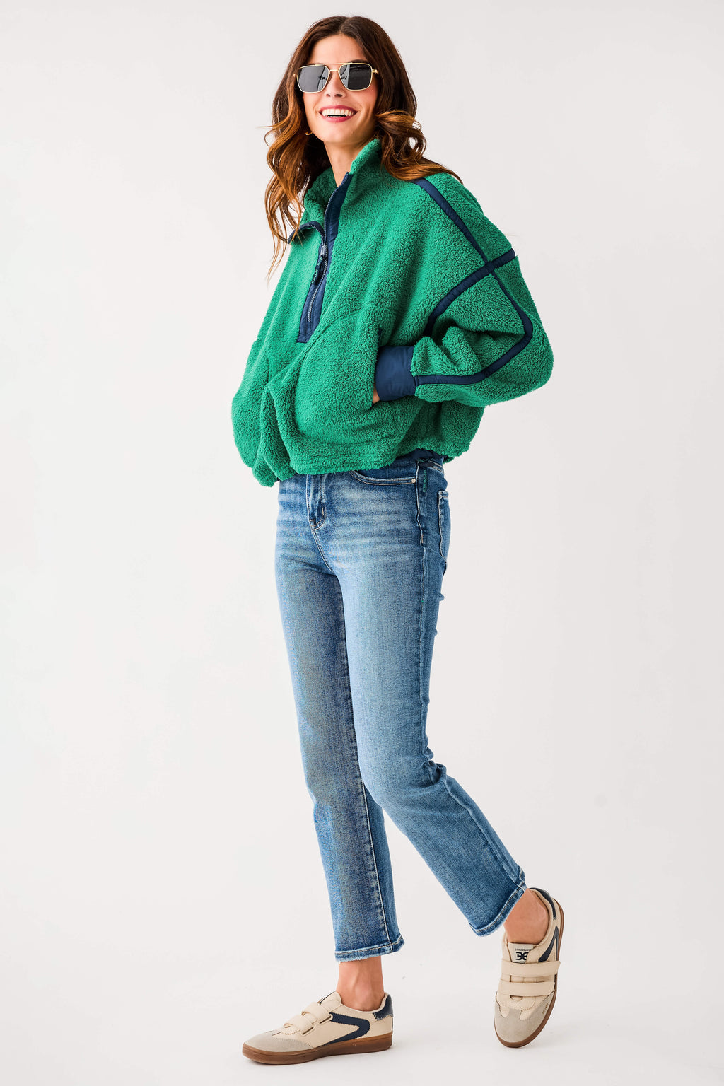 Green sherpa 1/2 zip fleece with dark contrast stripes and thumb loop cuffs