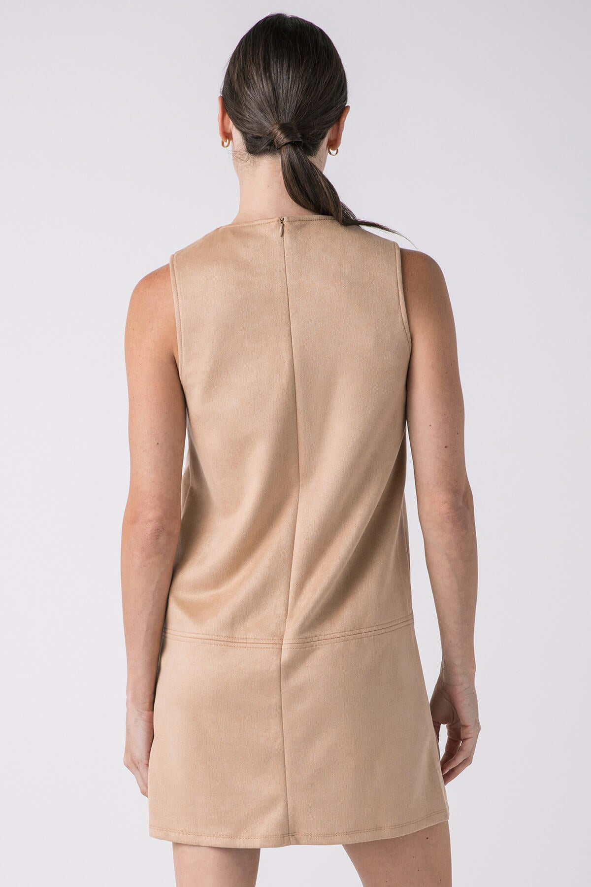 Beige faux suede sleeveless shift dress shown from the back, center seam
