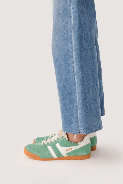 Gola Elan low-top sneakers, green suede with white stripes and tan gum sole