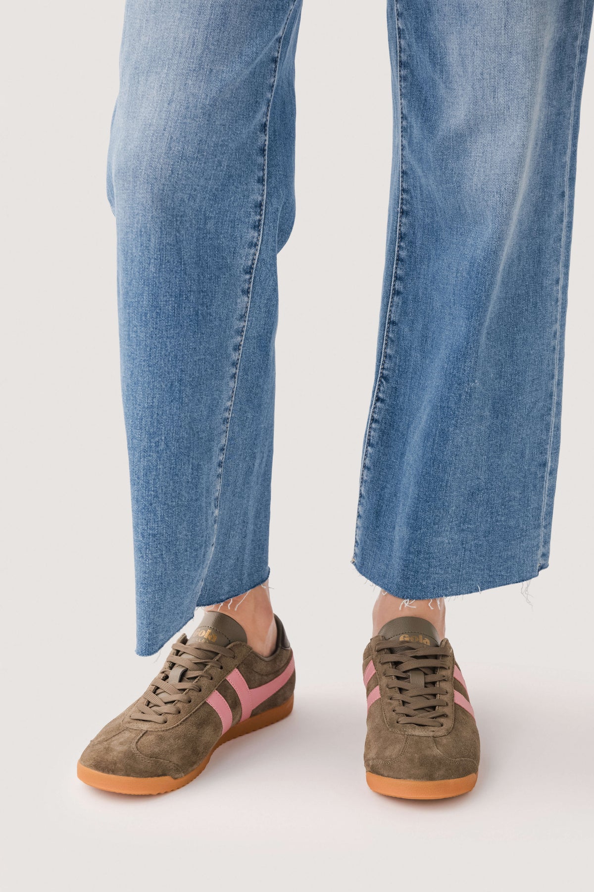 Gola suede sneakers in khaki with coral-pink stripes and low gum sole