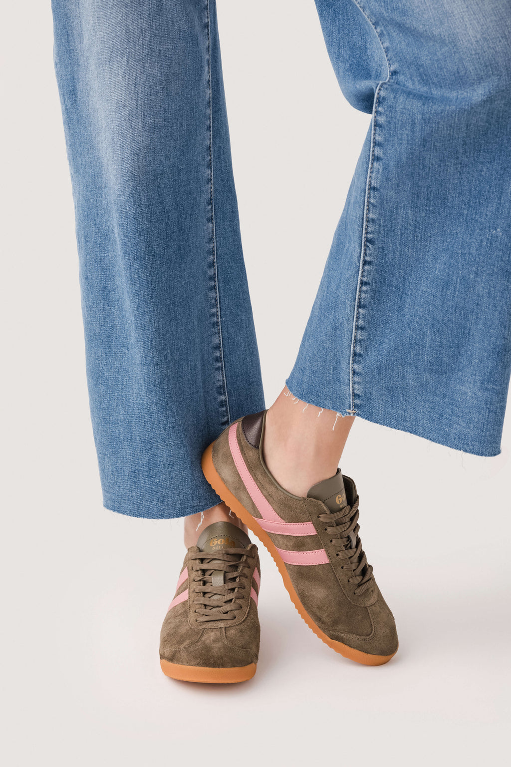 Gola suede lace-up sneakers in khaki with coral-pink stripes, dark brown, gum sole