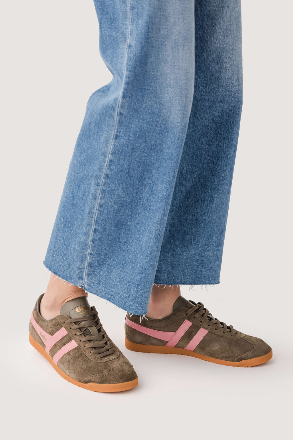 Gola suede lace-up sneakers, side view; khaki with coral-pink stripes and gum sole