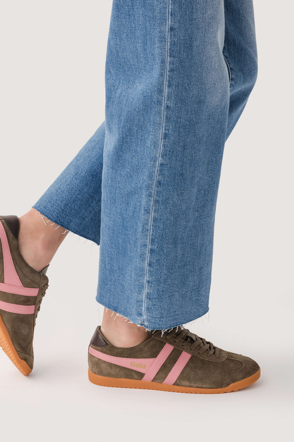 Gola suede lace-up sneakers, khaki with coral-pink stripes, dark brown laces, gum sole
