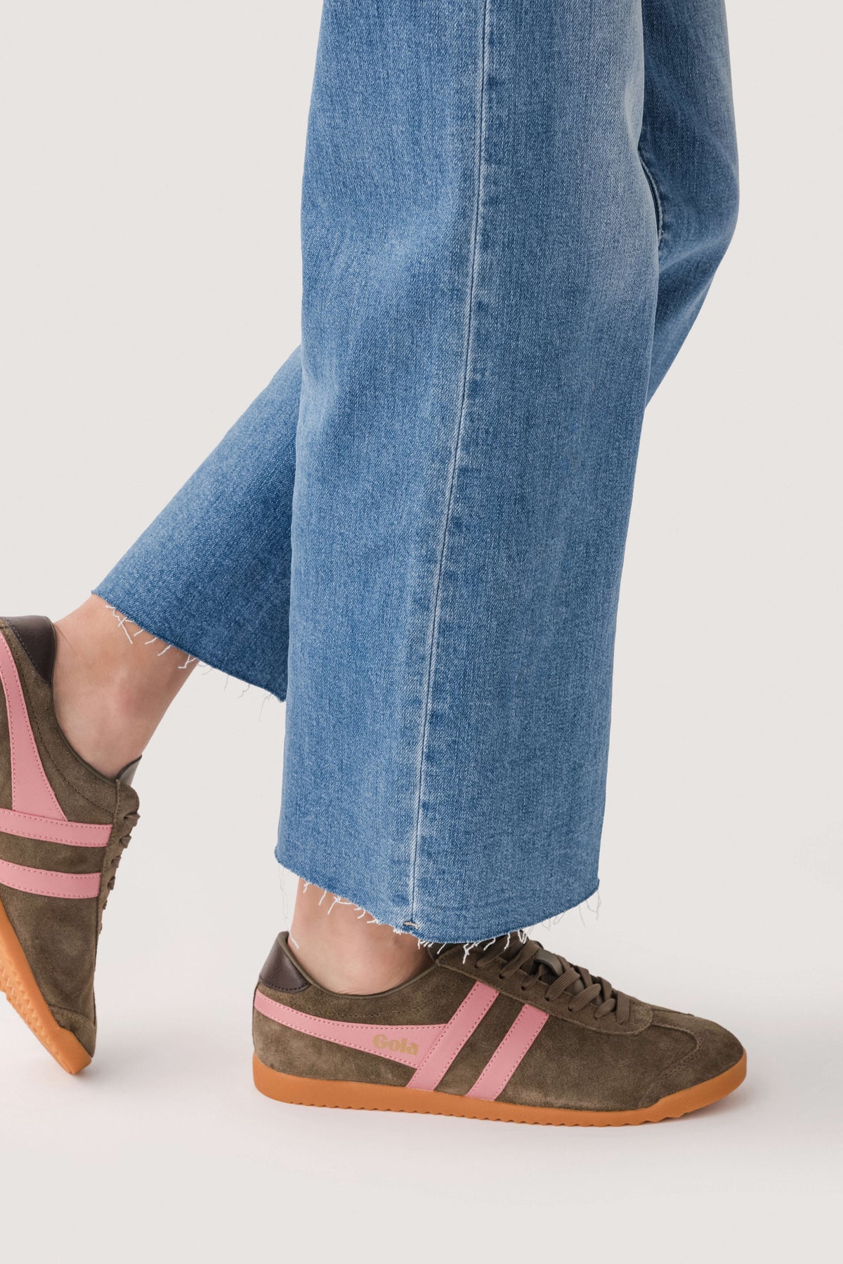 Gola suede lace-up sneakers, khaki with coral-pink stripes, dark brown laces, gum sole