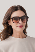 Rectangular acetate sunglasses with dark tortoise frame and dark square lenses