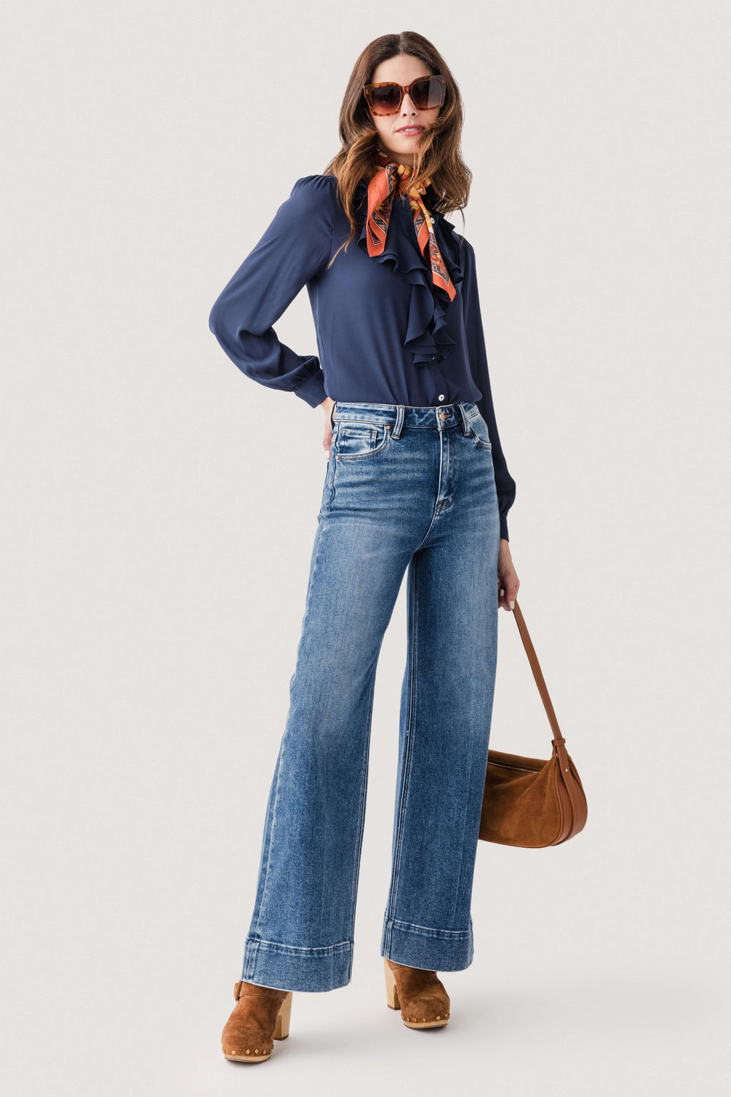 Medium-wash denim wide-leg trouser jeans with high-rise waist and wide hems
