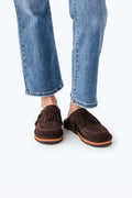Chocolate brown suede fringe mules with lace-trim stitching, flat sole