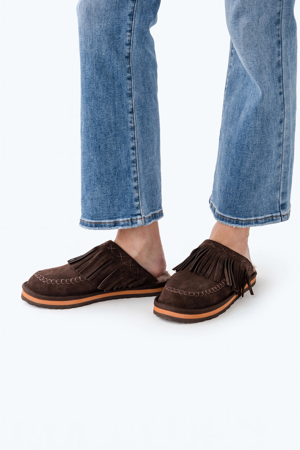 Chocolate suede fringe mule slide with moc stitching and tan rubber outsole