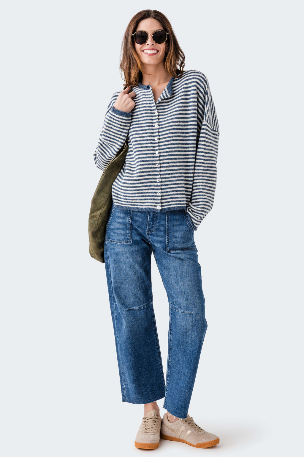 Denim blue and white striped button-up cardigan, relaxed fit, front view