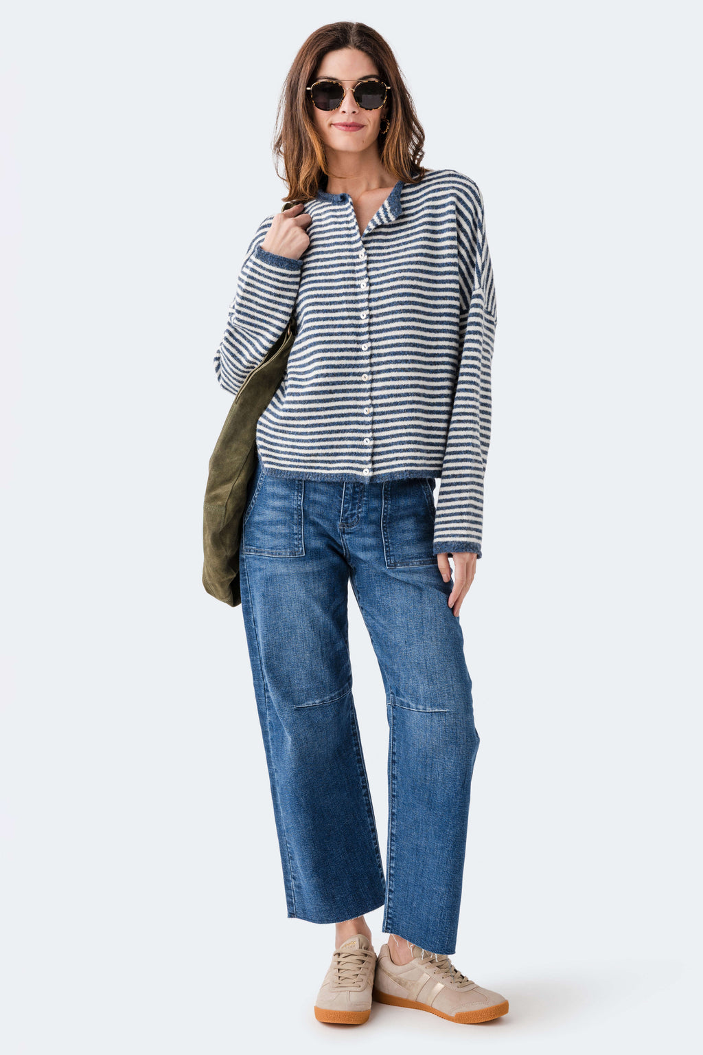Denim blue and white striped button-up cardigan with long sleeves