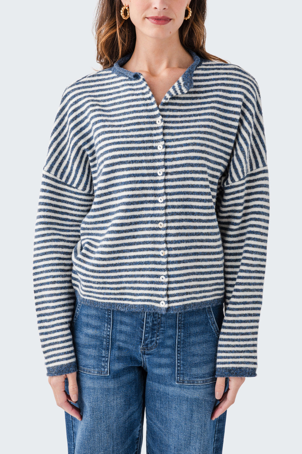 Denim blue and white striped button-up cardigan with front buttons and cuffs