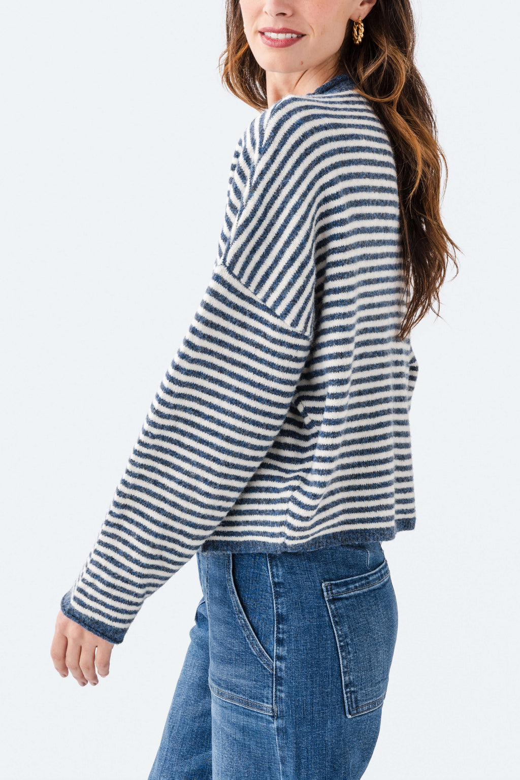 Denim and white striped cardigan with button front and long sleeves detail