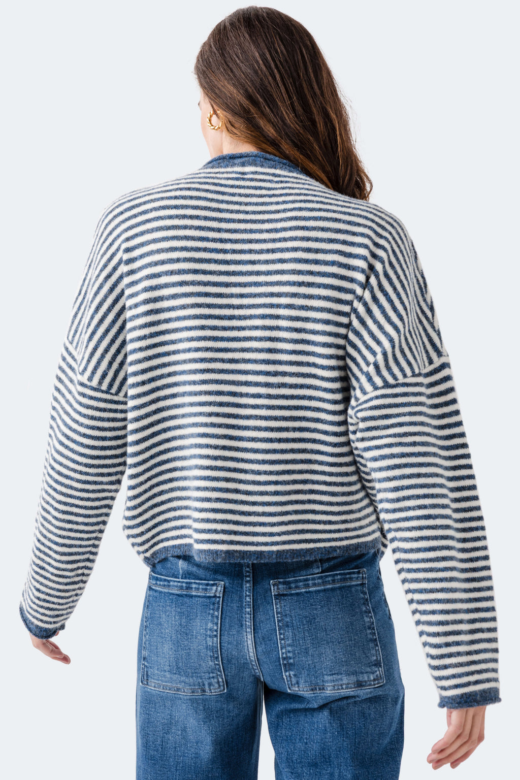 Denim blue and white striped cardigan back view with long sleeves