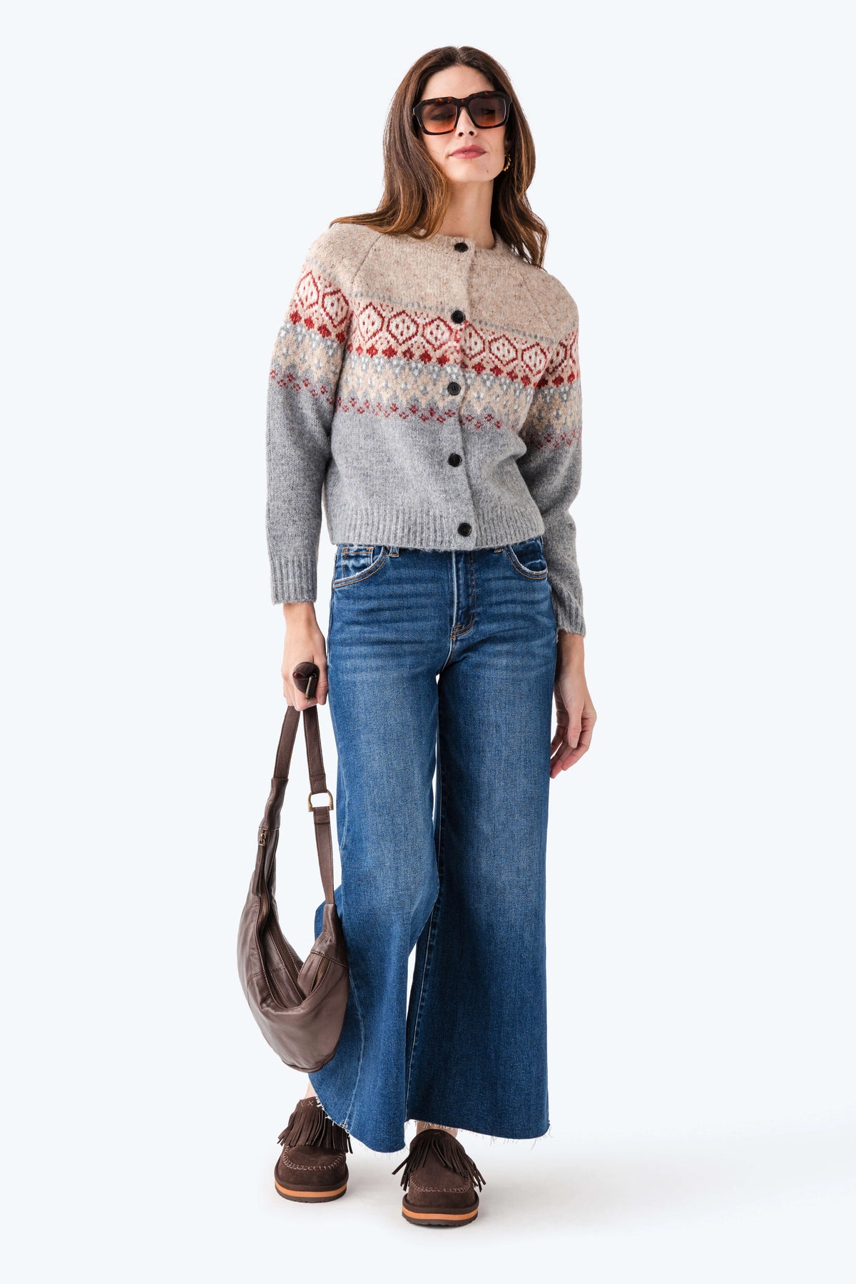 Fair isle knit cardigan, long sleeves, button front, heather gray with red geometric yoke