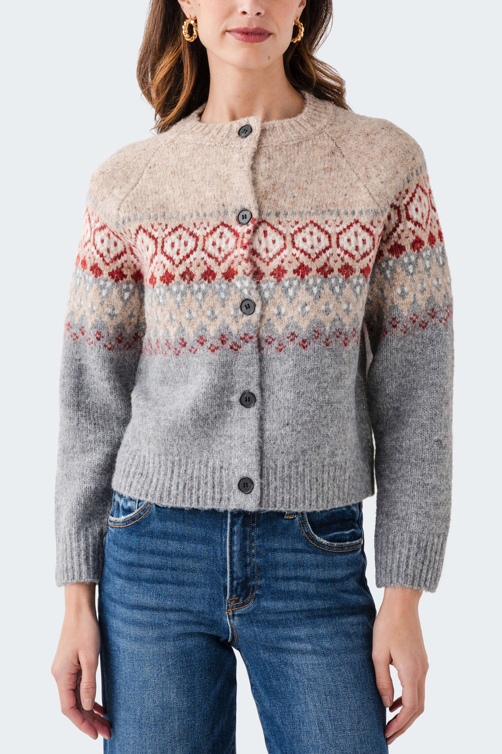 Long sleeve fair isle crew cardigan with button placket, gray knit with red and cream yoke