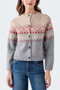Long sleeve fair isle crew cardigan with button placket, gray knit with red and cream yoke