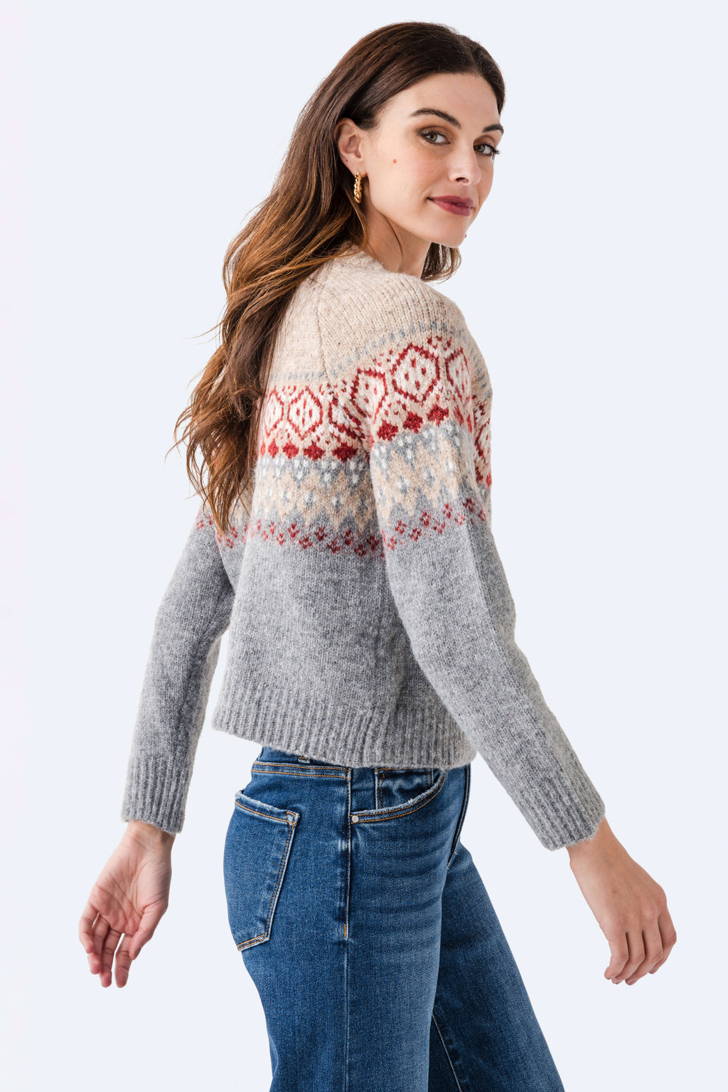 Fair isle knit cardigan, long sleeves, button front; heather gray with red geometric panel