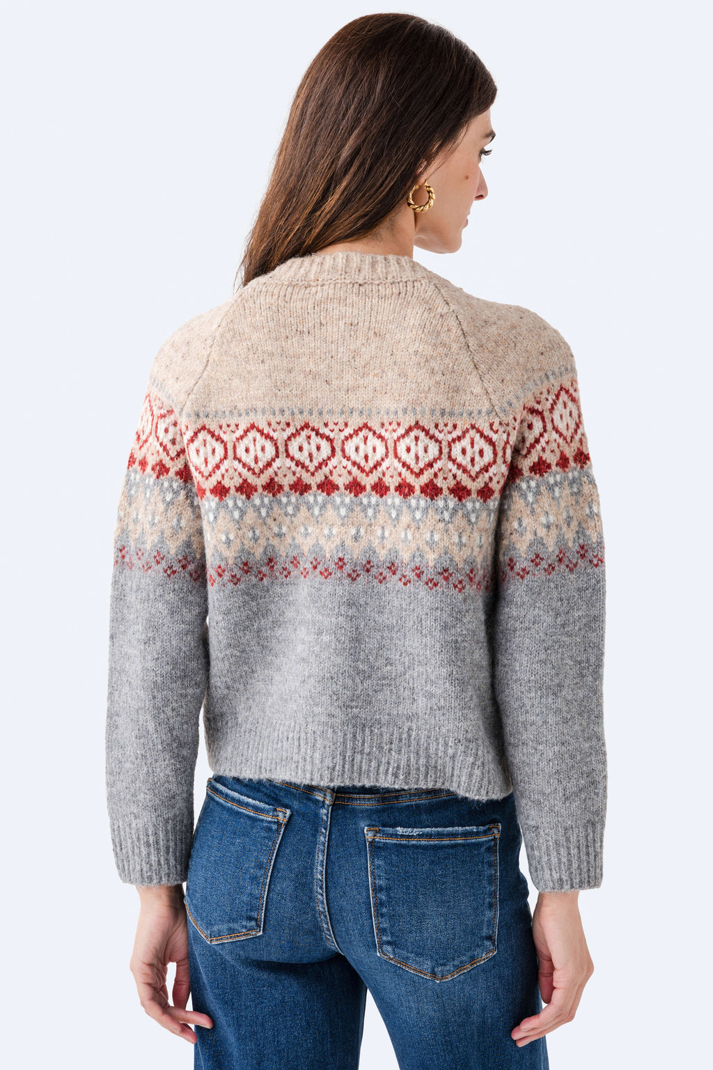 Back view fair isle cardigan with crew collar and buttons; gray knit with red patterned yoke