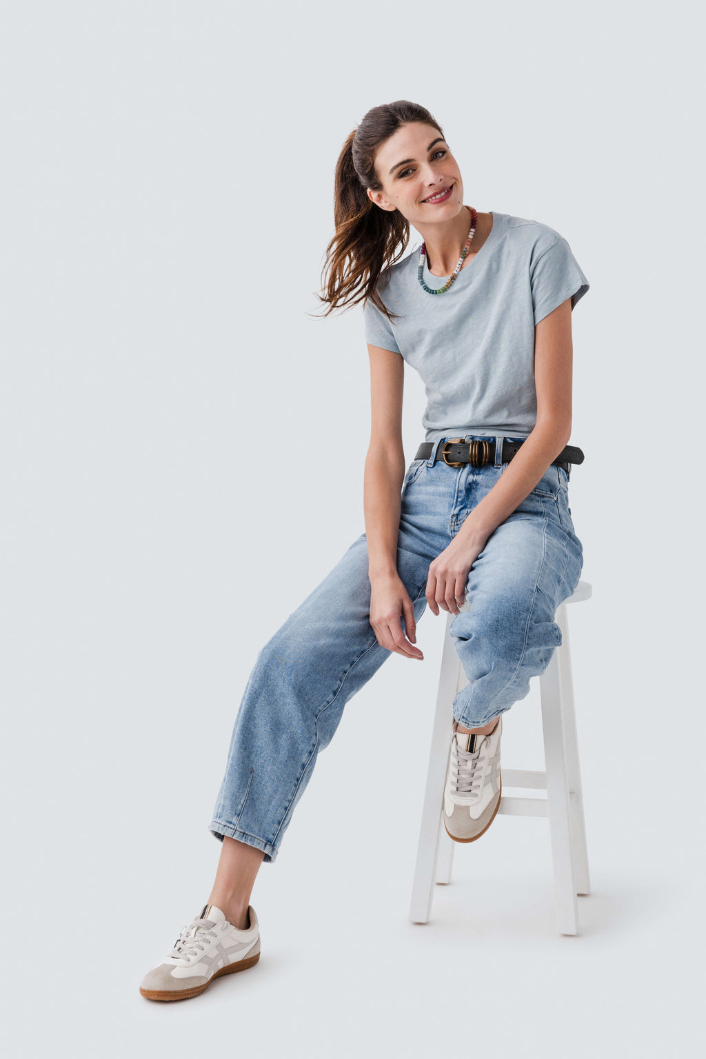 Light blue slub tee shirt with crew neck and short sleeves, relaxed fit.