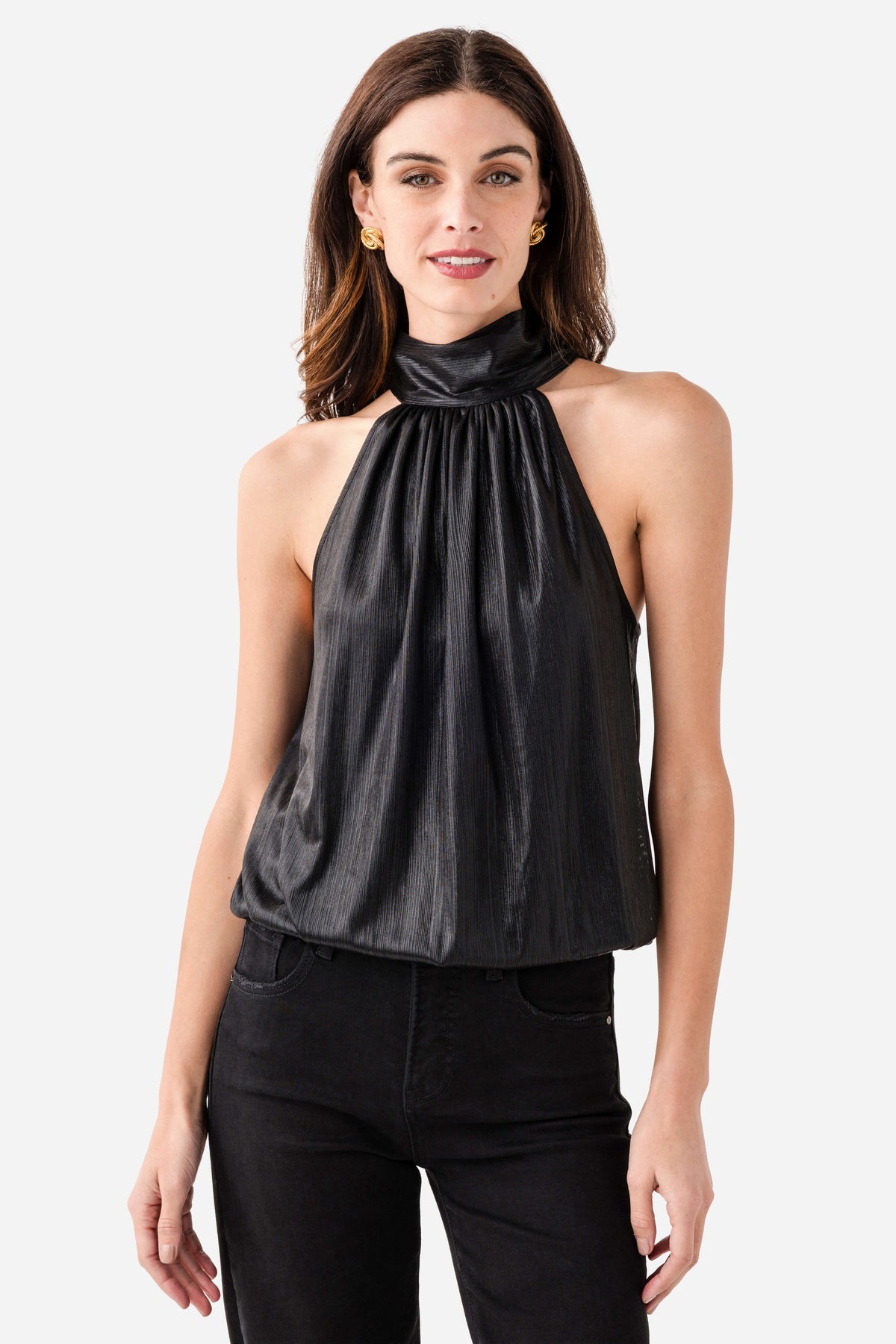 Black metallic halter top with high ruched neck and gathered neckline