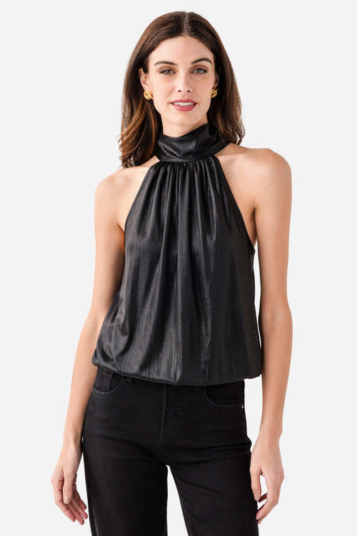 Black metallic halter top with high ruched neck and gathered neckline
