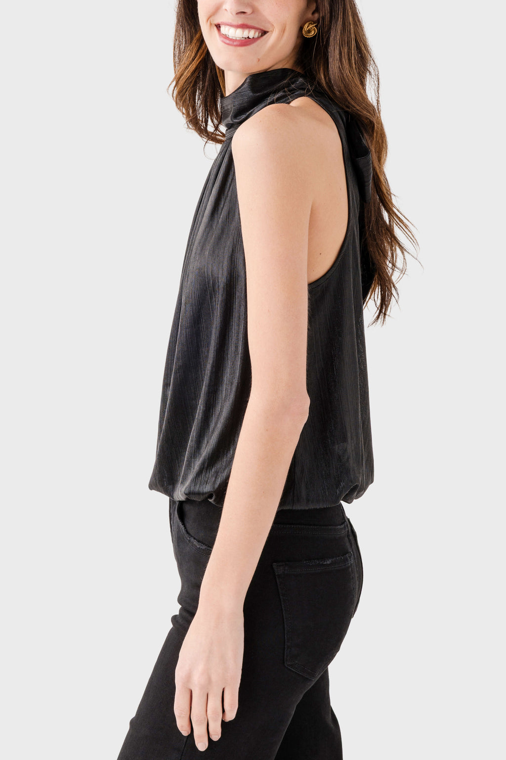 Black metallic halter top with open back and tied neck detail