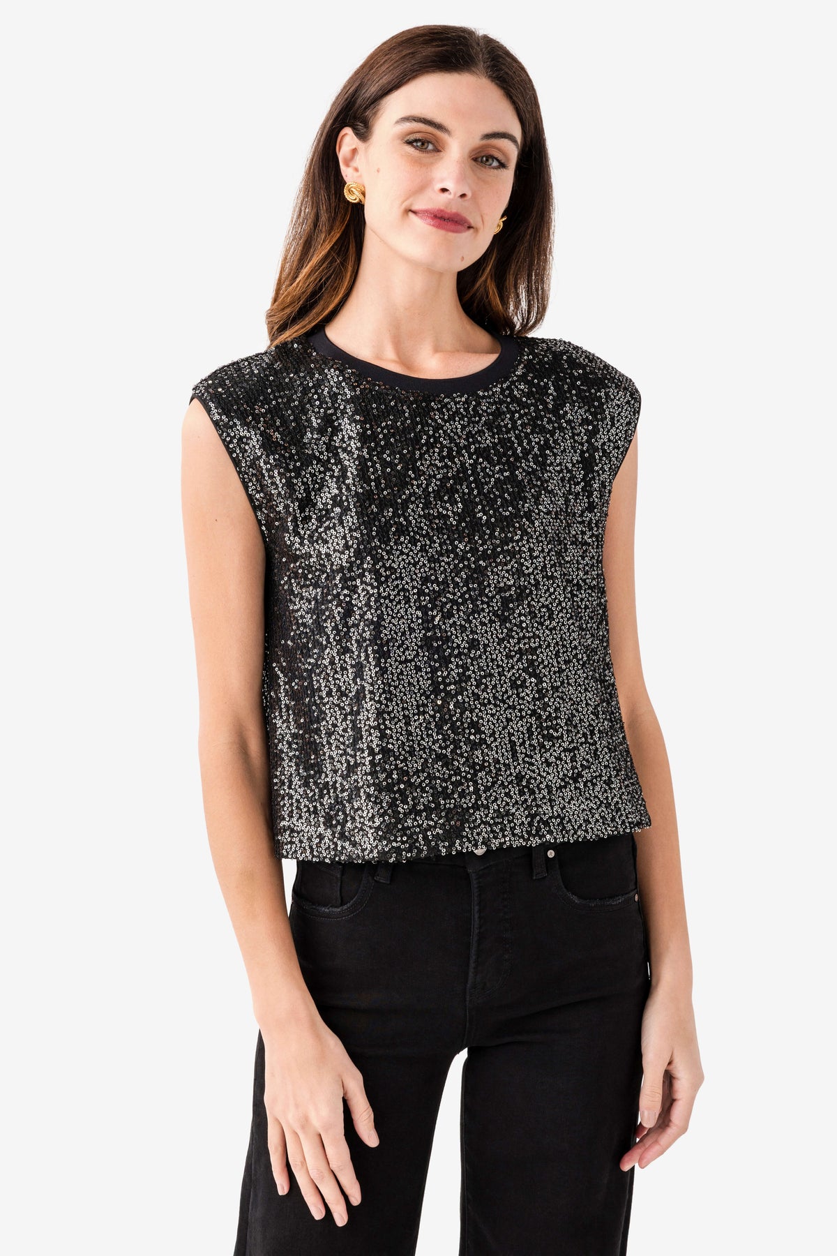 Black sleeveless sequin top with crew neck and straight hem