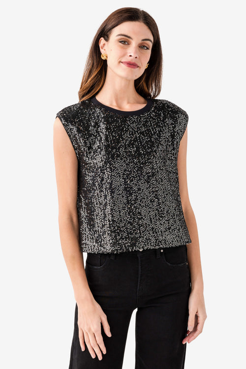 Black sleeveless sequin top with crew neck and straight hem