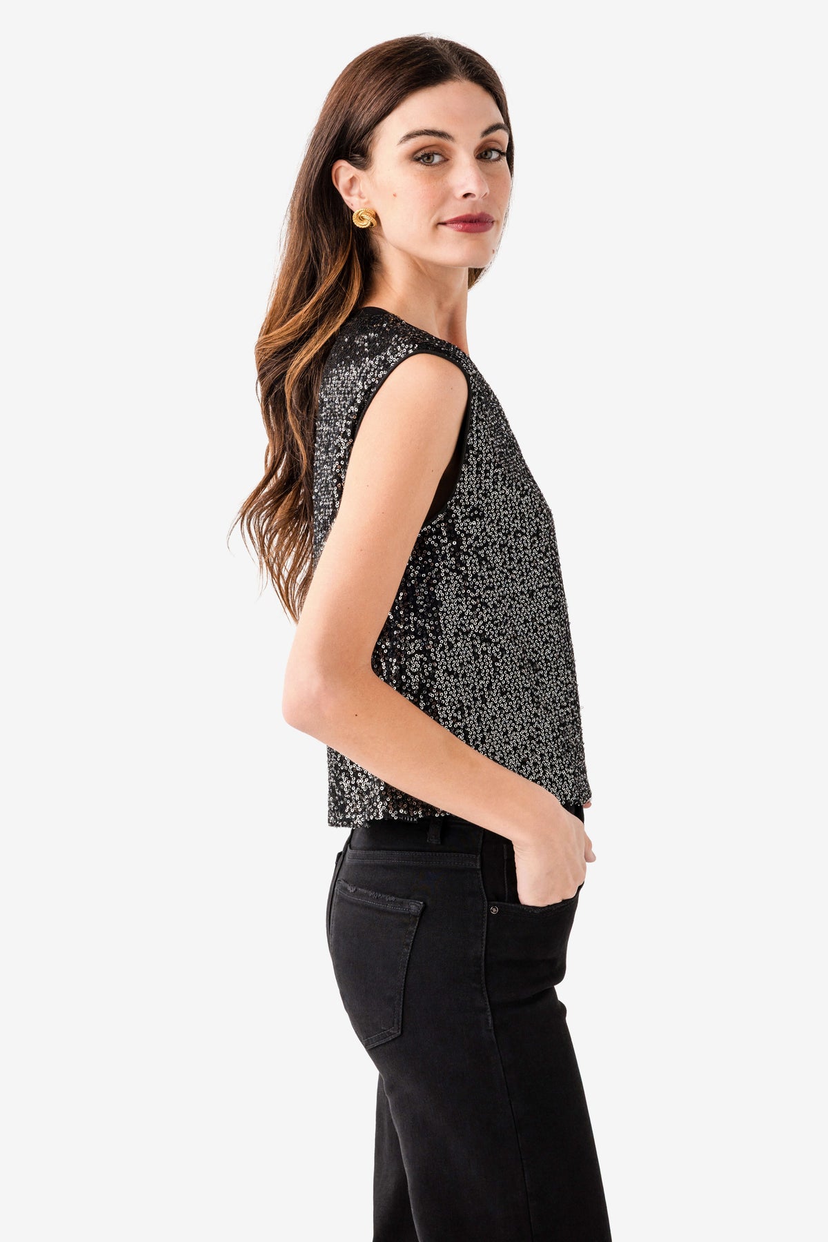 Black sleeveless sequin top, side view; short shoulder and straight hem