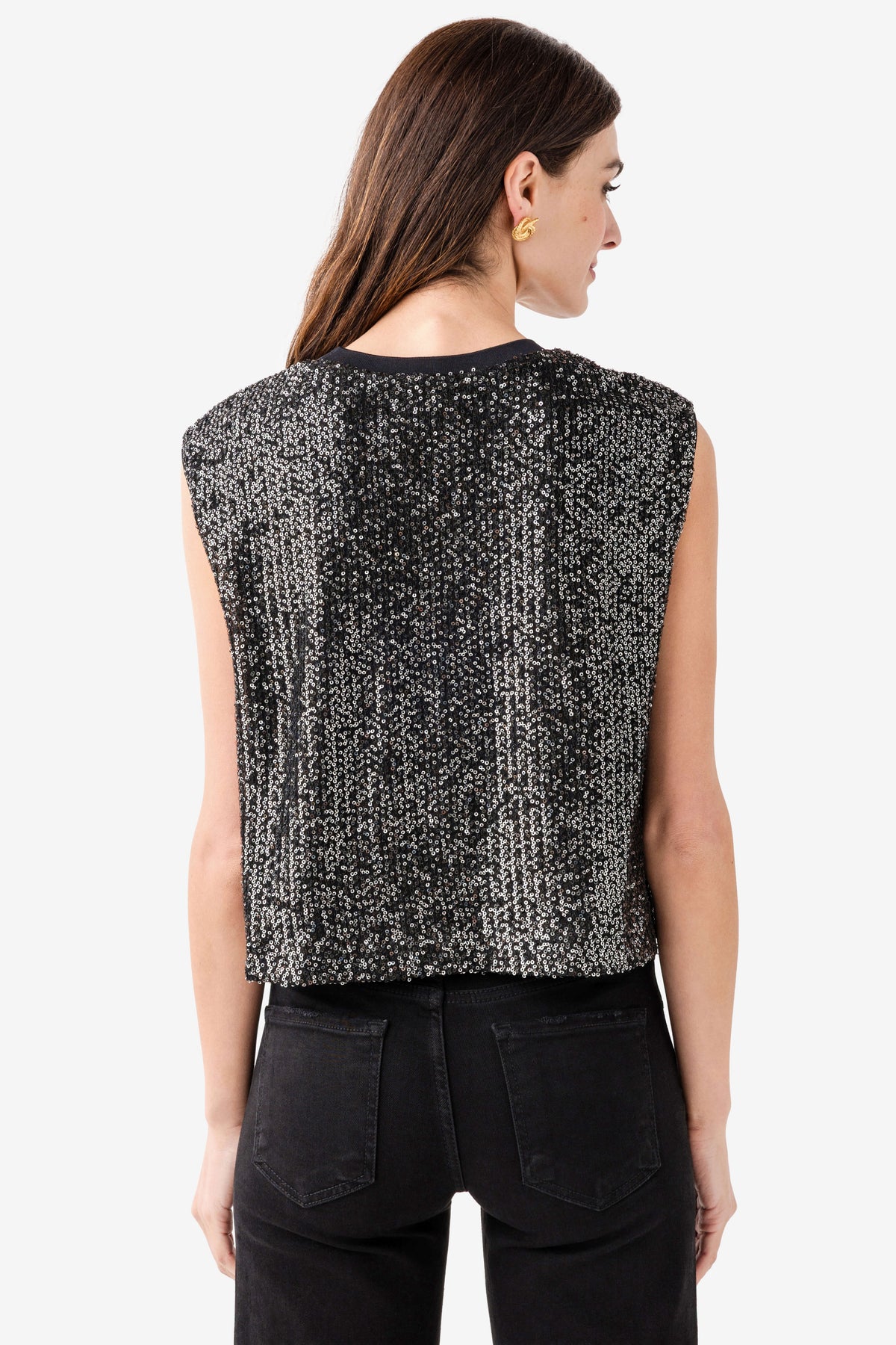 Black sleeveless sequin top, back view with all-over sparkle texture