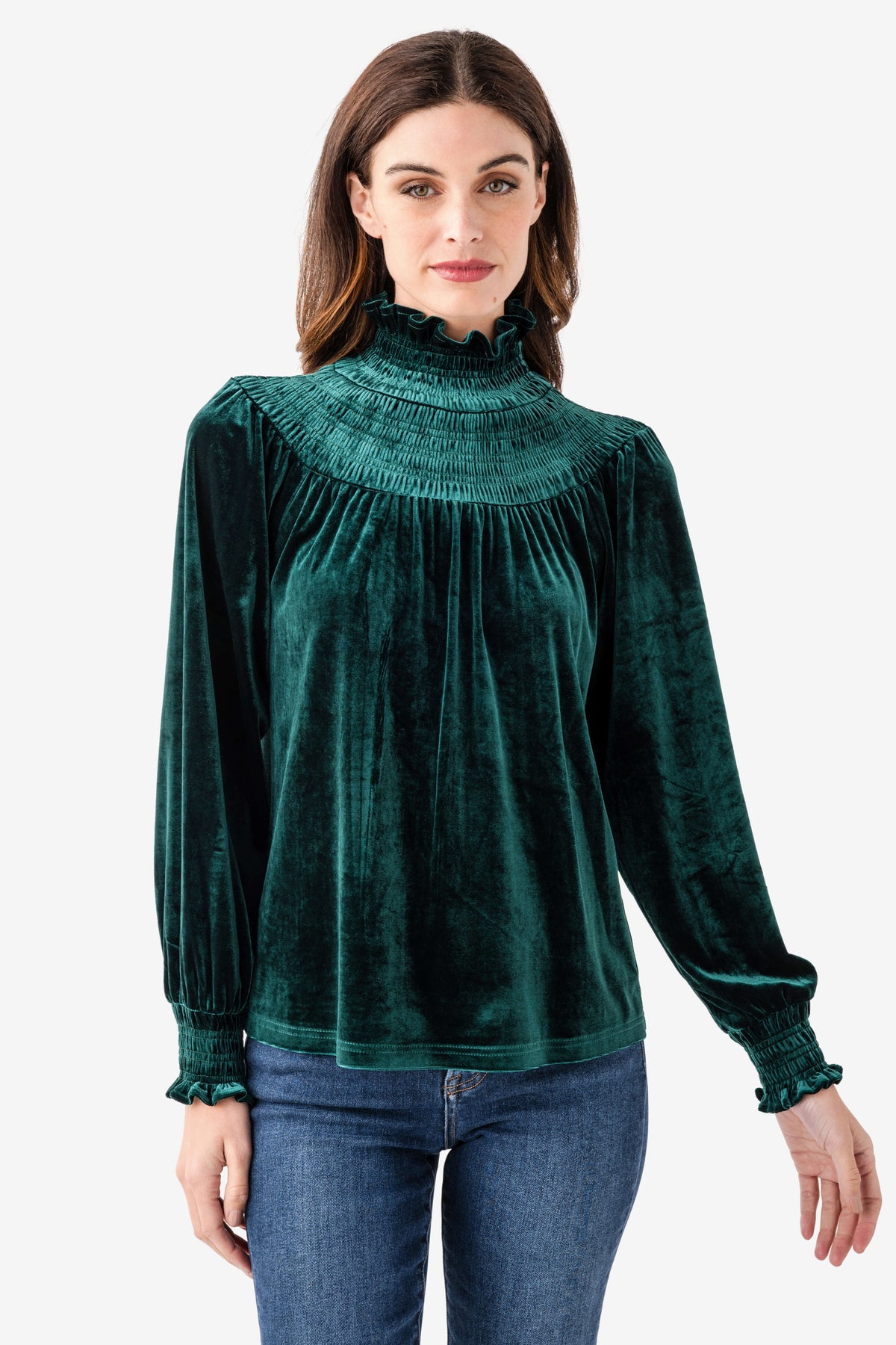Emerald smocked velvet top with high ruffle neck and long sleeves