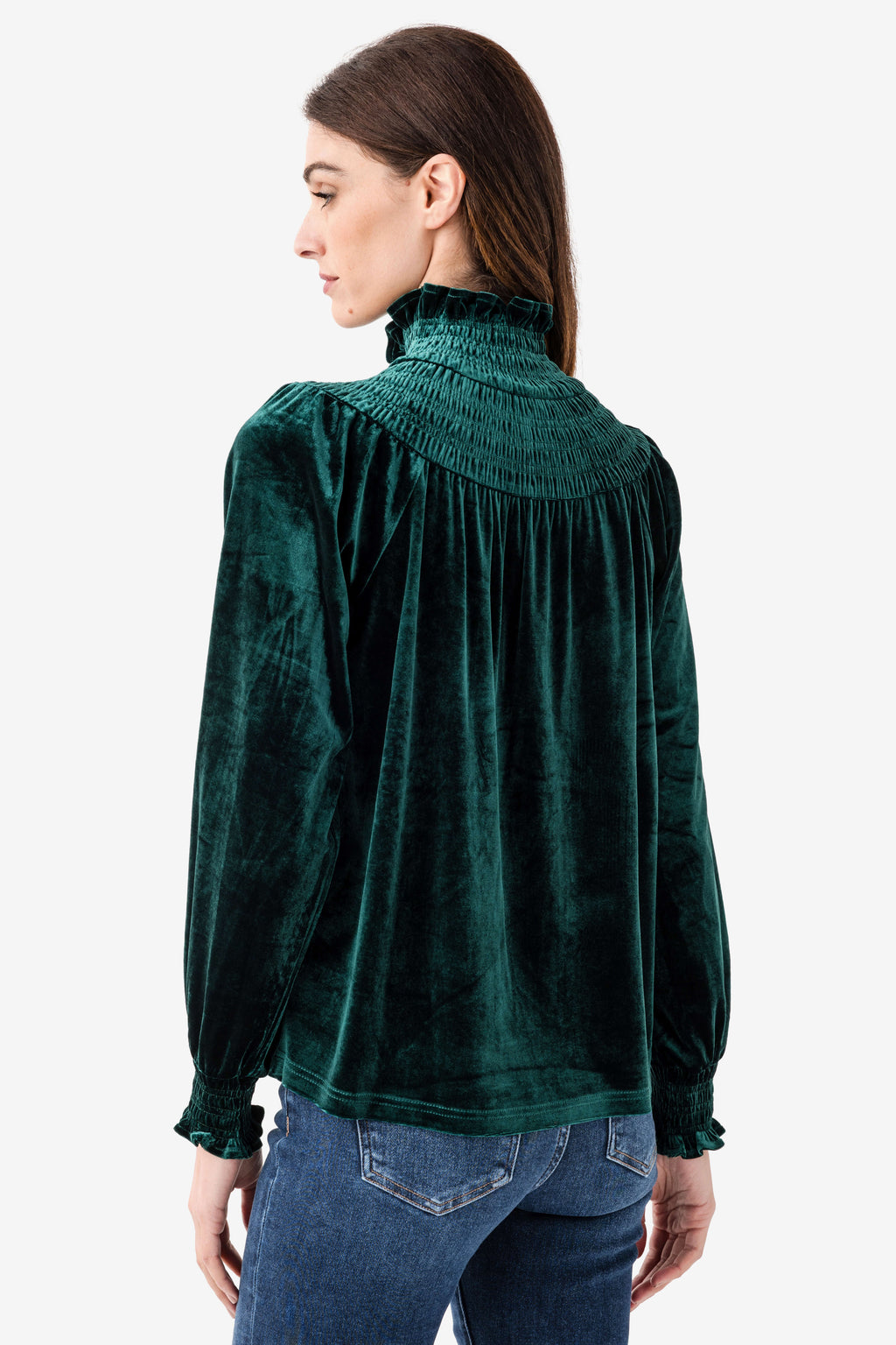 Emerald velvet smocked high-neck top, full back view with long sleeves
