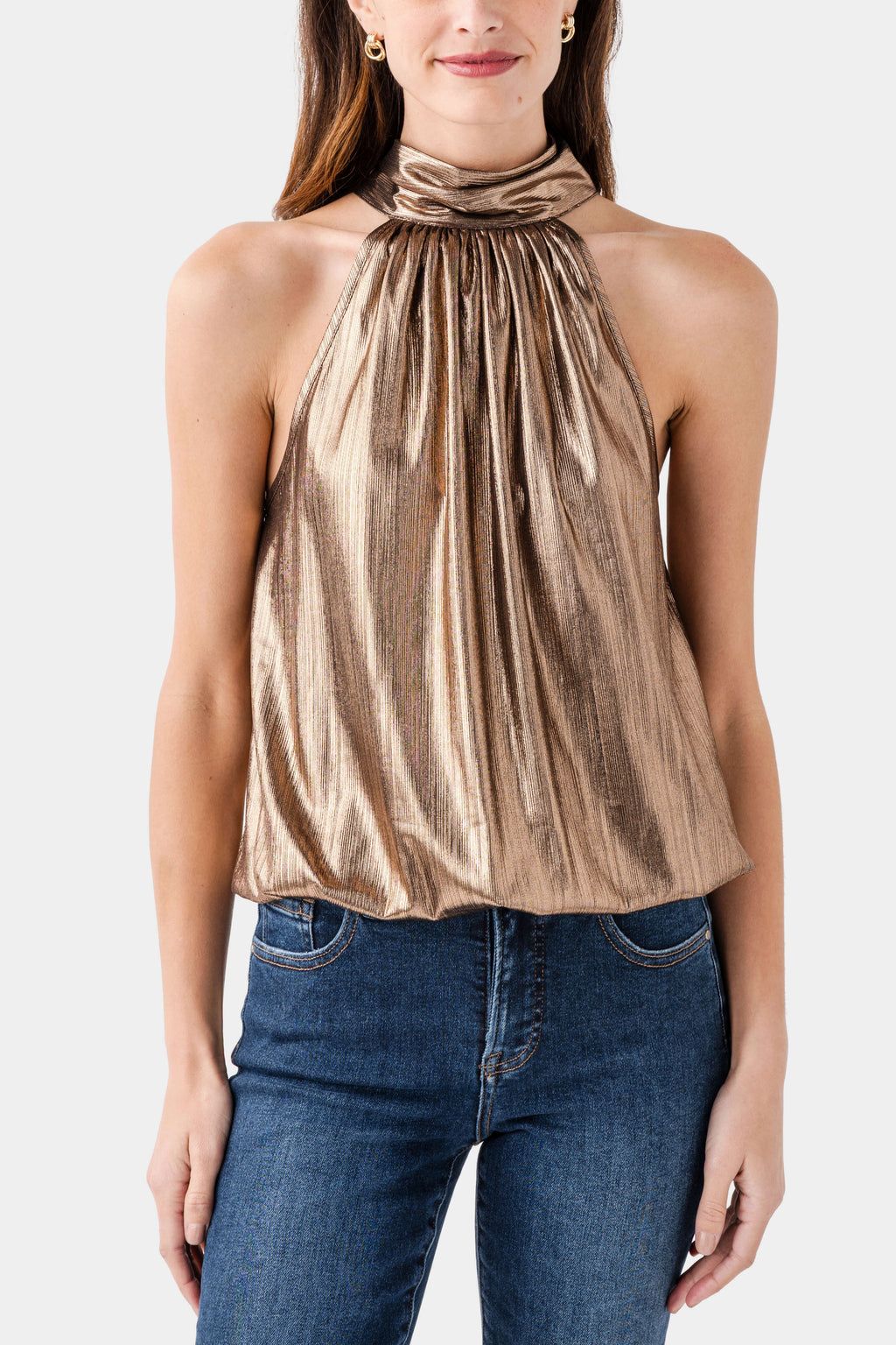 Chocolate metallic halter top with high ruched tie-neck detail