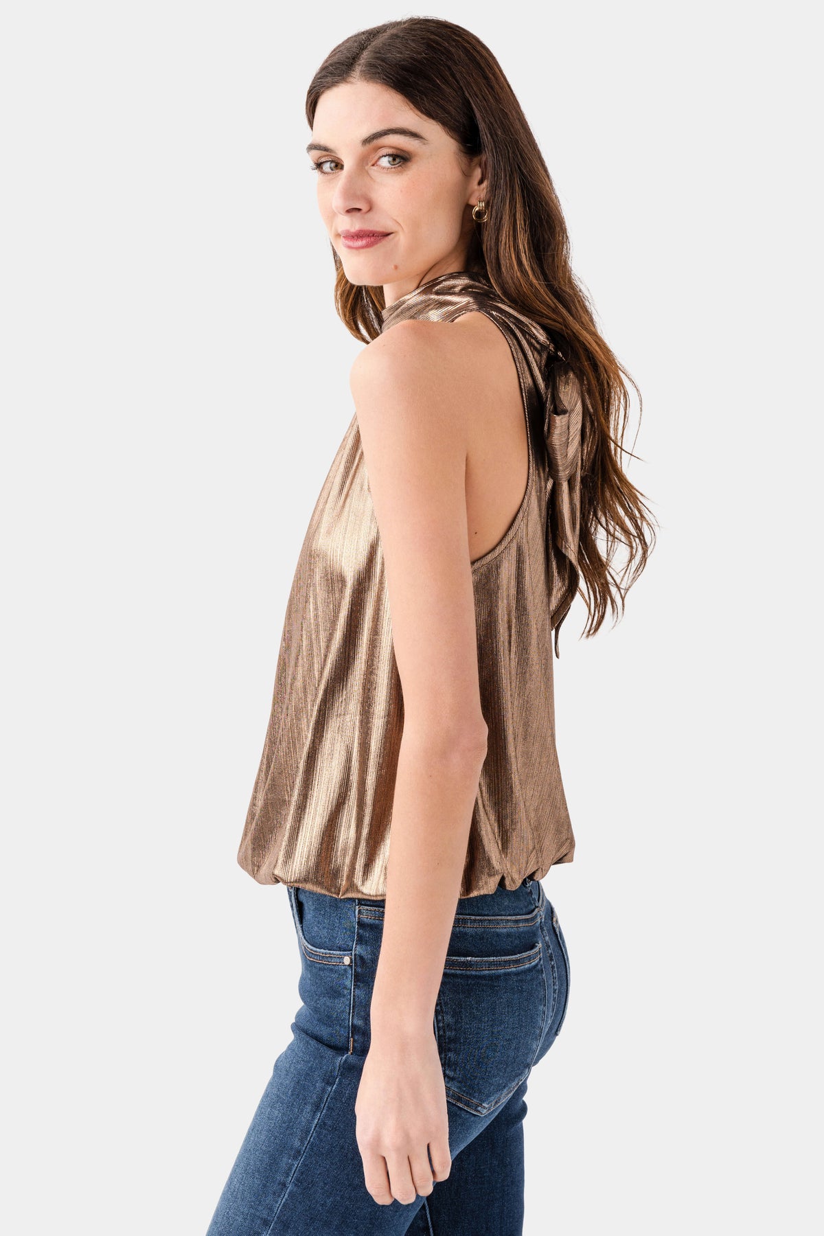 Chocolate metallic halter top with open back and knotted tie detail