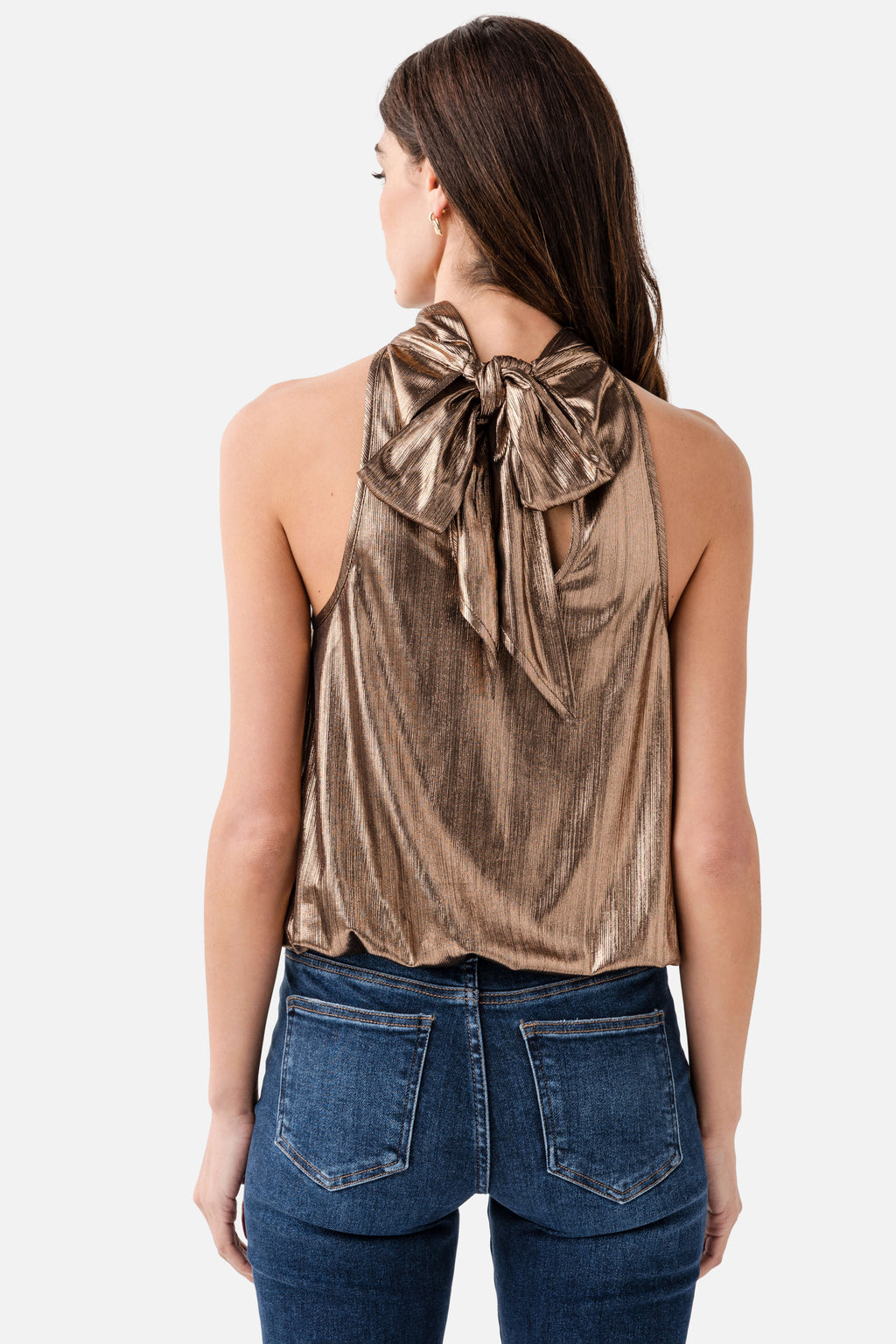 Chocolate metallic halter top with bow tie at back neck