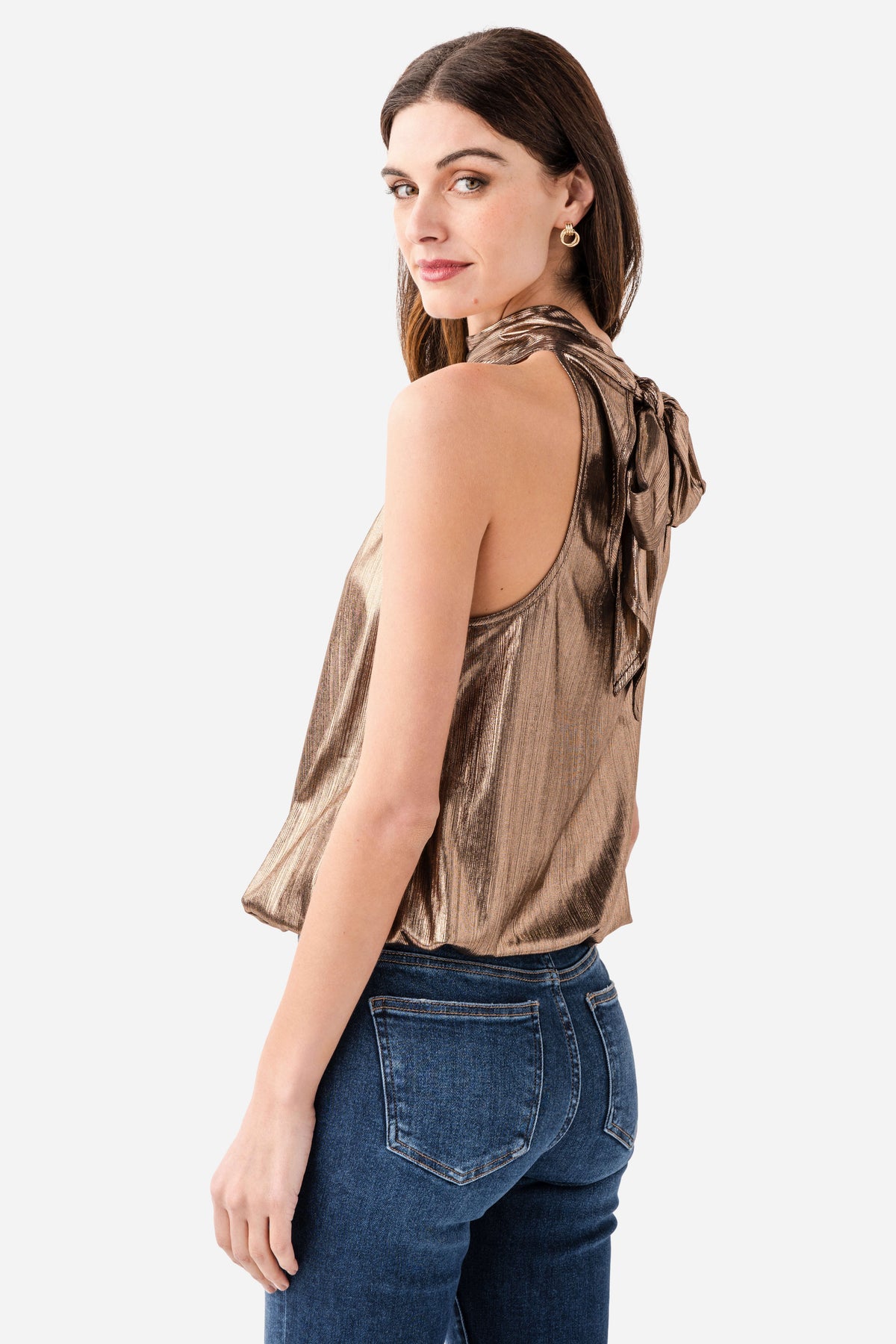 Chocolate metallic halter top with open back and back-tied bow