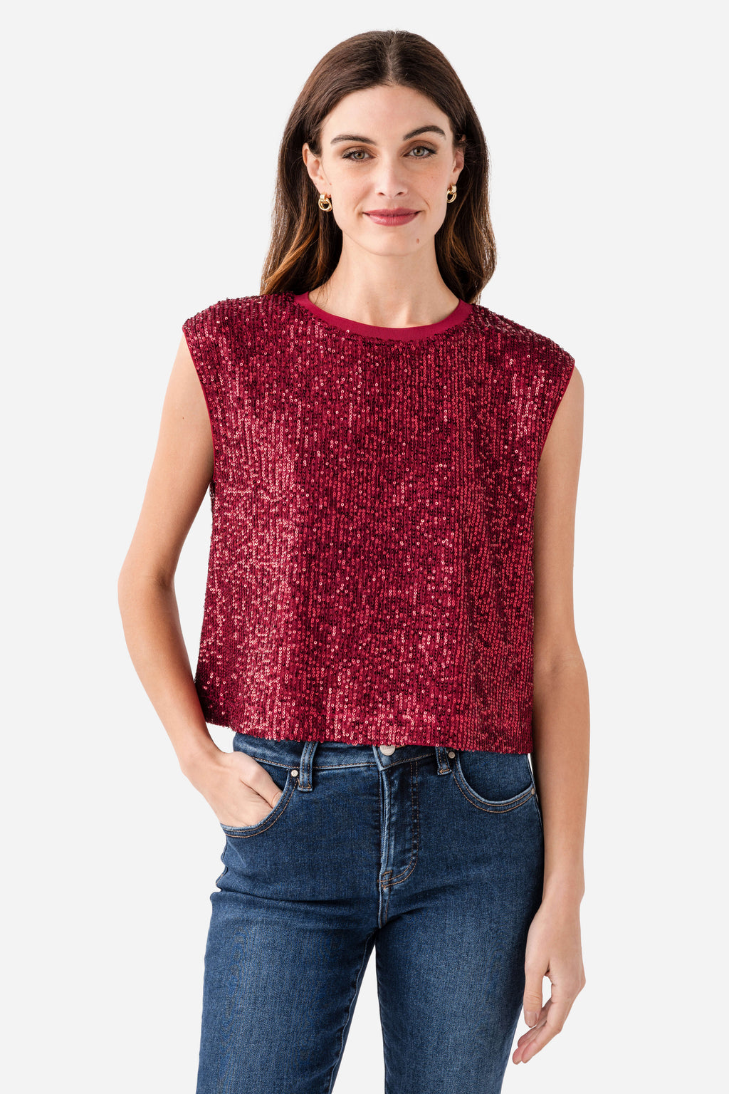 Deep red sleeveless sequin top with crew neck and straight hem