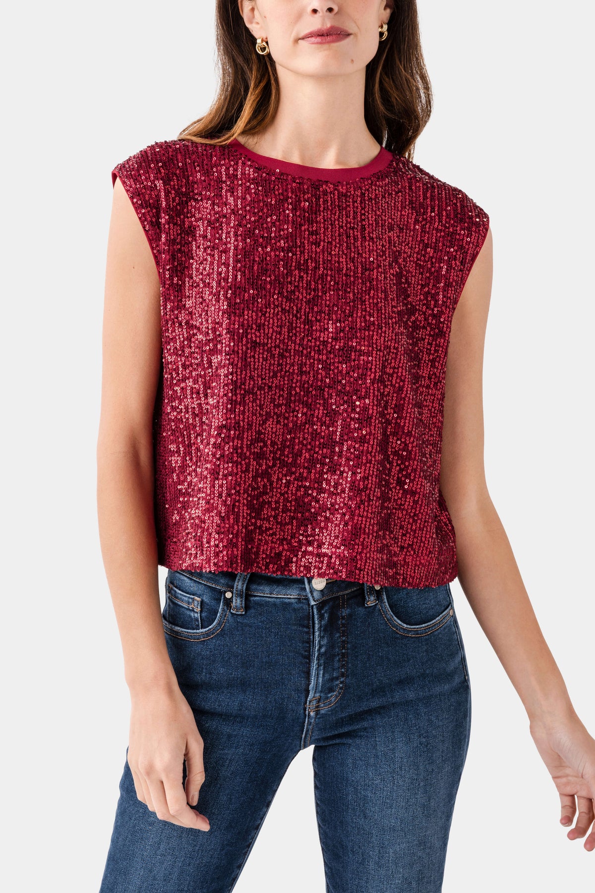 Deep red sleeveless sequin top with textured sparkle finish