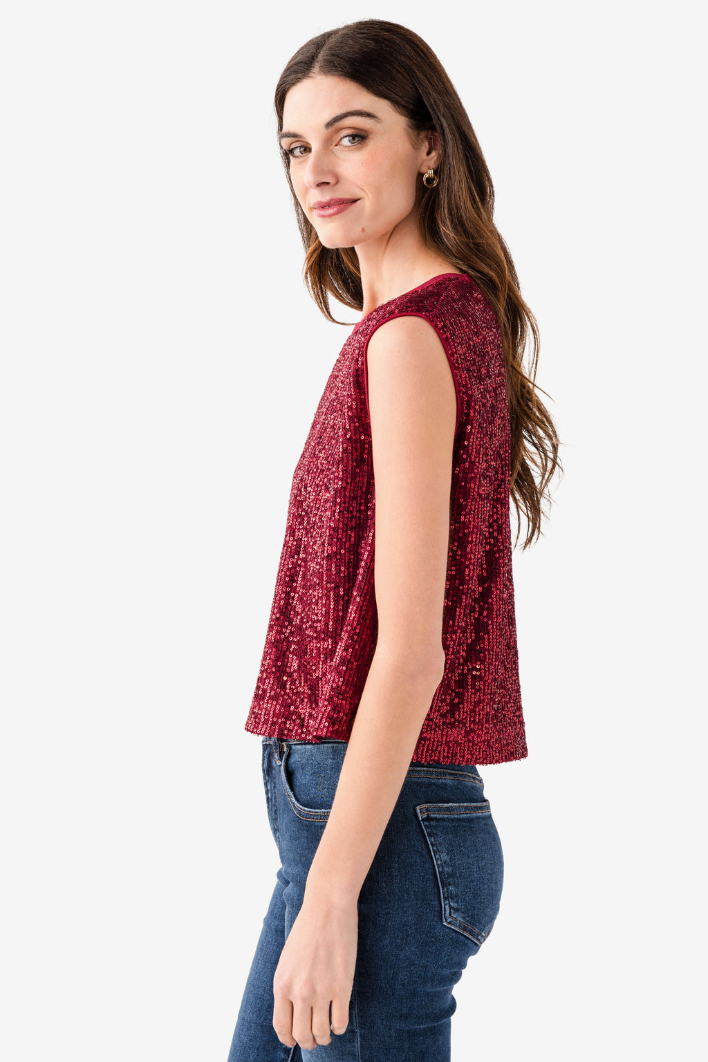 Deep red sleeveless sequin top, side view with straight cut shoulders