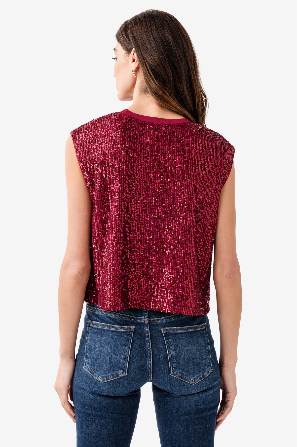 Deep red sleeveless sequin top, back view with all-over sequin shimmer